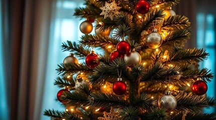 Ultra-realistic photograph of a meticulously decorated Christmas tree, warm golden light, festive ornaments, shallow depth of field