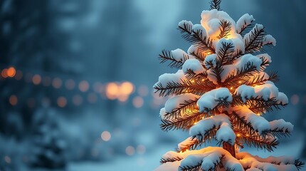 Ultra-realistic photograph of a snow-covered pine tree illuminated by warm fairy lights, with a bokeh background of distant twinkling lights