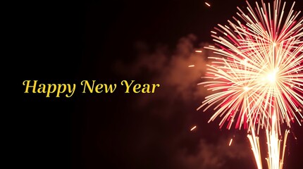 Ultra-realistic photograph, a celebratory scene with golden Happy New Year 2026 text in elegant serif font, vibrant fireworks illuminating a dark, festive sky