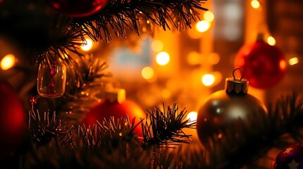 Ultra-realistic photograph, a cozy Christmas scene bathed in warm, festive light, intricate details of tinsel and ornaments shimmering, soft focus background, intimate framing