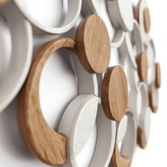 Modern wall decoration with wooden and white circular patterns for interior design