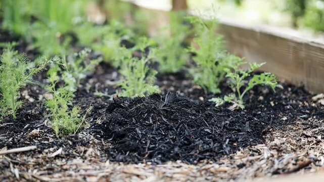 Medium shot of mixed hardwoods biochar being applied in a garden bed showcasing ecofriendly soil amendment for improved crop yields.