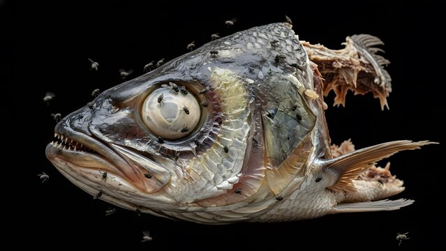 Close-up of a decaying fish head attracting a swarm of flies, starkly presented against a dark background, a powerful illustration of nature's decomposition process