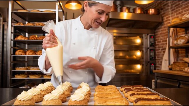 A smiling female pastry chef in a white uniform squeezes cream from a piping bag onto pastries while standing in front of a tray of eclairs in a bakery kitchen