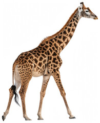 Fototapeta premium A realistically rendered, tall and slender adult giraffe with a distinctive patterned coat of light brown and dark brown spots, stands gracefully in a side, isolated on transparent background.