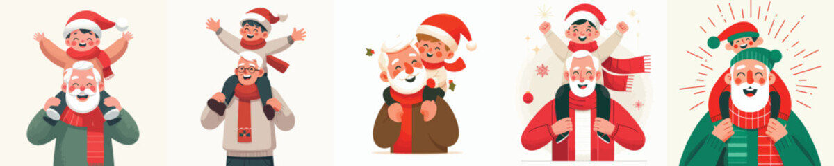 vector half body of grandfather carrying grandchild on his shoulders at christmas