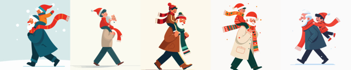 vector grandfather carrying grandchild on his shoulders at christmas