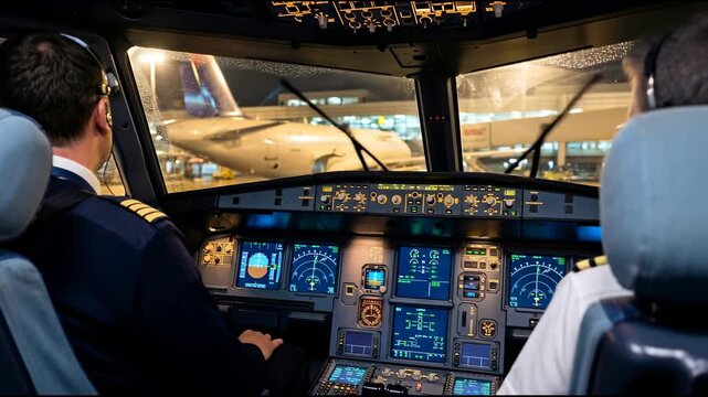 A pilot and co-pilot sit in the cockpit of a modern airliner at night in the rain, watching another plane on the apron through a wet windshield and monitoring instruments