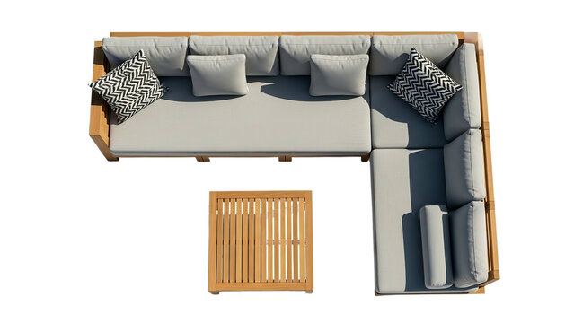 Wooden outdoor sectional sofa set with light grey cushions and coffee table isolated on transparent background