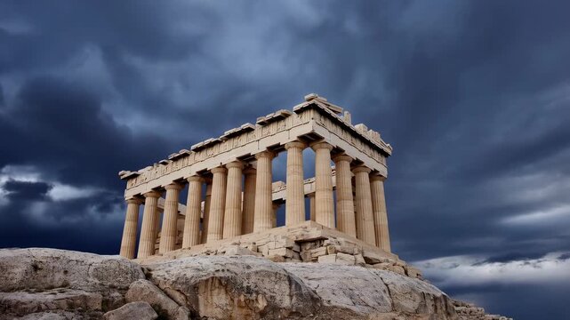 Dramatic clouds unveil ancient ruins: acropolis timelapse captures timeless majesty