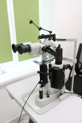 Biomicroscope used in ophthalmology for detailed examination of the eye. Close-up of the optical device.
