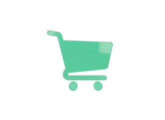 Frosted emerald green glassmorphism shopping cart icon floating isolated on a clean white background for modern app UI design with soft light reflections.