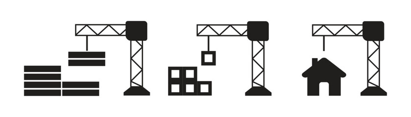 Construction Crane Icons Set Building House and Materials