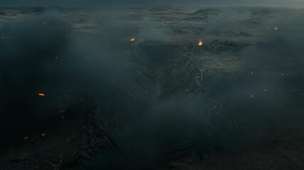 Smoke and fire erupt from fiery crater in dramatic landscape scene