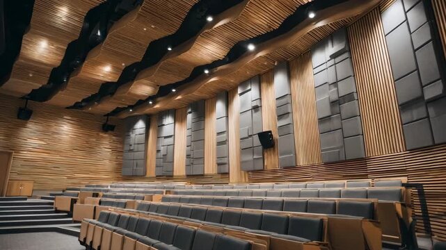 Medium shot of acoustic panels lining a lecture hall wall improving sound clarity and reducing echo for better lecture experiences.