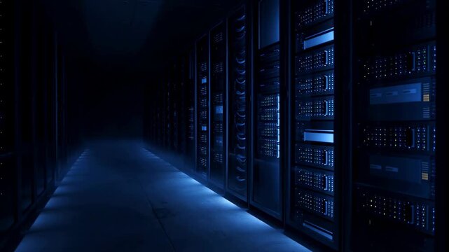 Dynamic walkthrough in a hightech data center with glowing servers