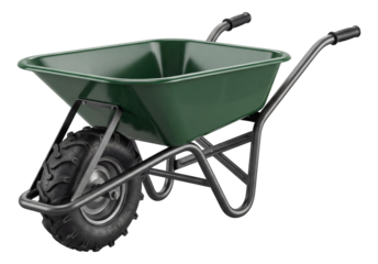 A sturdy wheelbarrow with a steel frame, ideal for transporting heavy rocks in gardens.