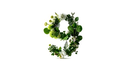 Floral numerical digit "9" crafted from diverse green foliage, white backdrop