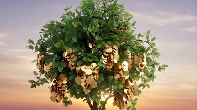 Lush money tree transitioning from sunset to dusk with gold coins swaying