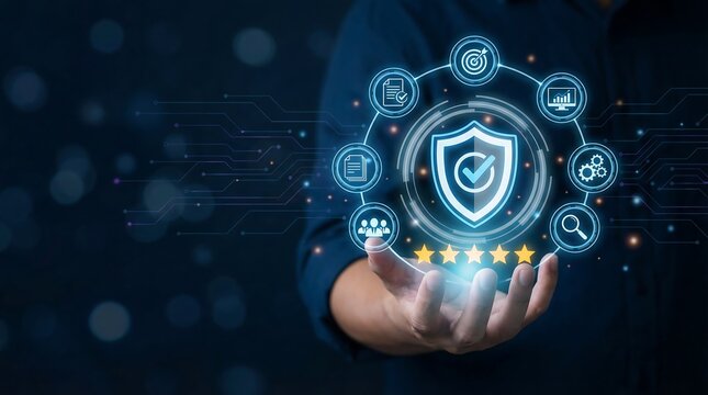 Cybersecurity shield with glowing blue icons and checkmark - Powered by Adobe