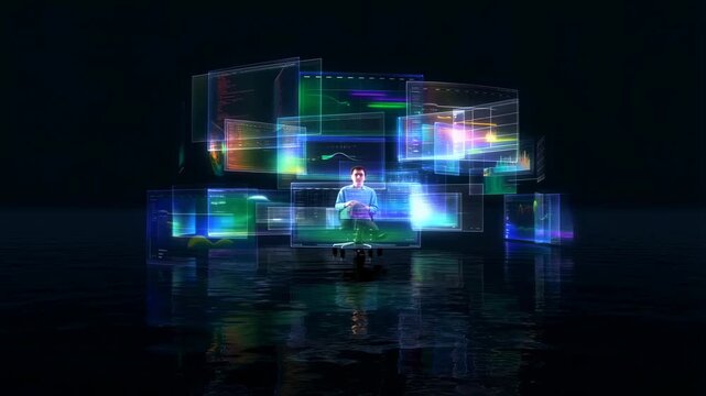 Futuristic interaction with holographic data panels on reflective surface