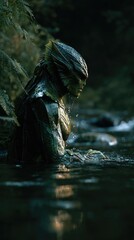 Mythical Kappa Emerging from River in Natural Light
