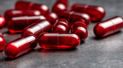 Red Iron Capsules for Anemia on Black Background, Macro Shot with Shallow Depth of Field