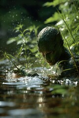 A green, humanoid water creature emerging from a river