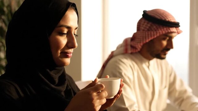 Arab Couple Enjoying Coffee Together in a Bright Room