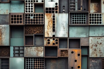 A structured abstract composition of industrial elements organized in a grid.
