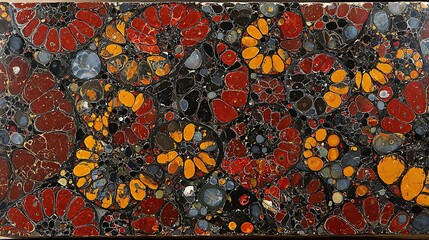 Fossil-filled rock surface showcasing a mosaic of colorful, ancient spiral-shaped organisms