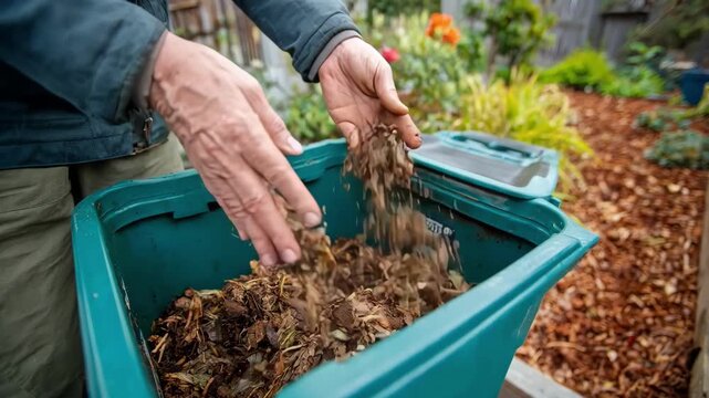 Individual cleaning and aerating a home compost container emphasizing regular maintenance for efficient organic waste breakdown.
