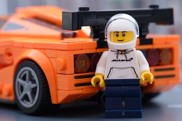 Fototapeta premium Tambov, Russian Federation - January 03, 2025 Lego McLaren F1 LM driver minifigure standing near back of his orange car. LEGO Speed Champions.