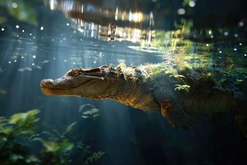 Prehistoric River Beast with Massive Scales and Reflections
