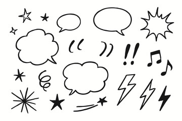 Manga-style hand-drawn comic icons with speech bubbles, emotion lines, stars, swirls, lightning, and music notes for media and UI.