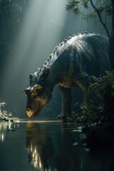 A legendary dinosaur-like creature in a river environment