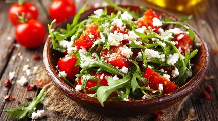 Fresh, vibrant salad with tomatoes, arugula, and cheese in a rustic wooden bowl