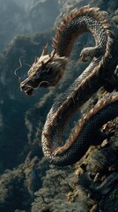 Ancient Ryū Serpentine Dragon in Dramatic Natural Landscape
