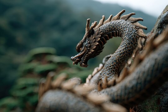 Mythical Japanese Dragon Floating Among Clouds
