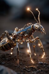A massive insect enhanced with mechanical limbs, armor plating, and glowing sensors