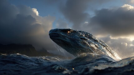 Mythical Sea Serpent Emerging from the Ocean
