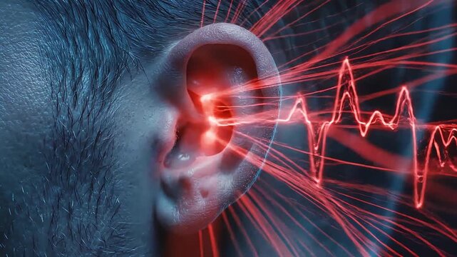 Human Ear with Sound Waves and Heartbeat Pulse.