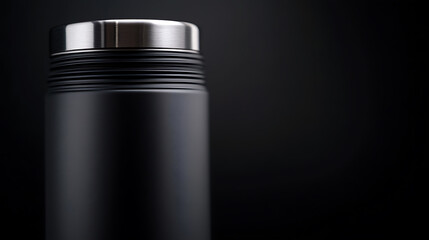 Fototapeta premium Sleek metal and matte container against a black backdrop. Minimalist design with a focus on form and texture; evokes industrial modernism. Perfect for storage or decor.