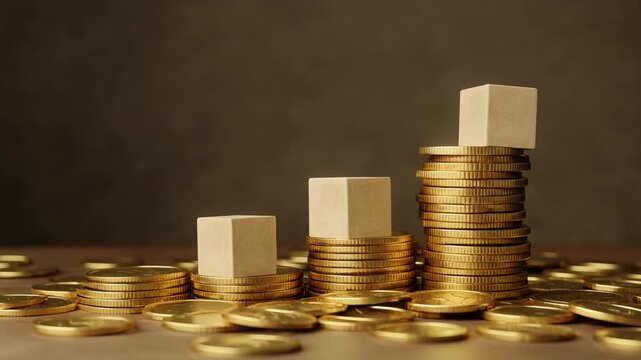   
Stacks of Gold Coins in Ascending Order with White Cubes on Neutral Brown Background