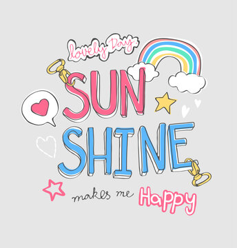 sunshine slogan with colorful icons on grey background for girl fashion print