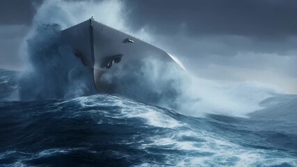 Dramatic naval ship battling high seas and stormy ocean waves amidst fierce weather conditions