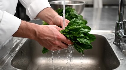 Chef washing fresh green spinach in stainless steel sink
