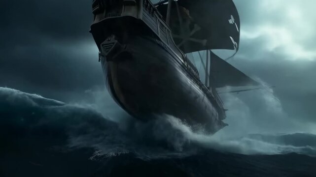 Dramatic pirate ship battling rough sea waves under stormy skies
