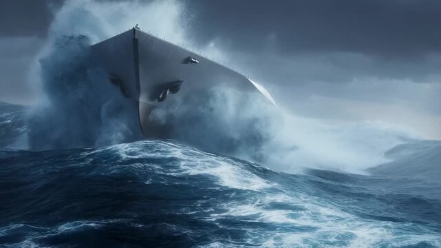 Dramatic naval ship battling high seas and stormy ocean waves amidst fierce weather conditions