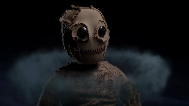 Mysterious burlap doll surrounded by smoke in eerie darkness